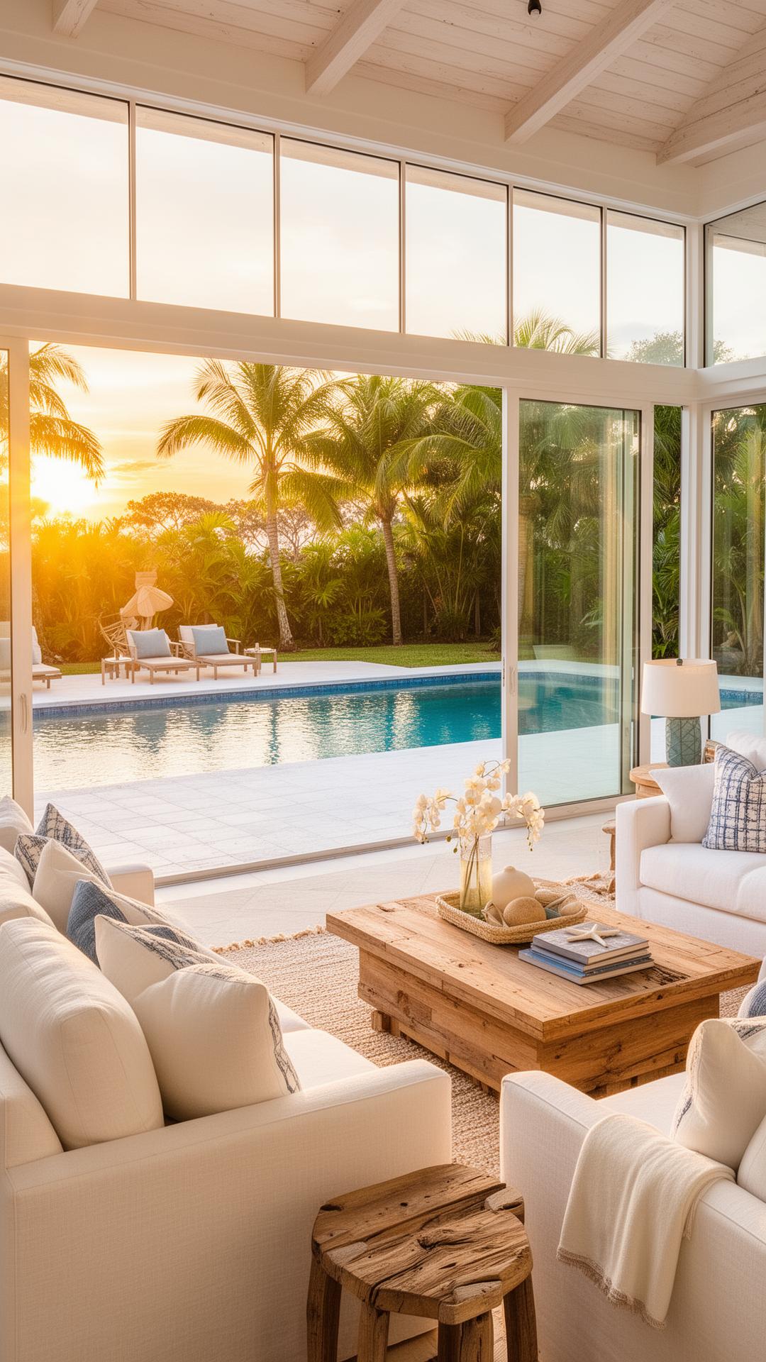 Bright Florida living room with floor-to-ceiling windows overlooking pool and tropical backyard at sunset