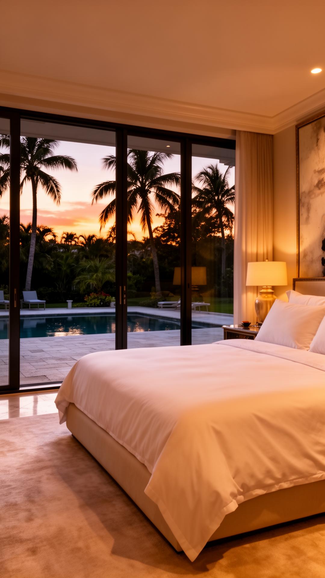 Florida master bedroom opening to pool deck and tropical backyard at sunset