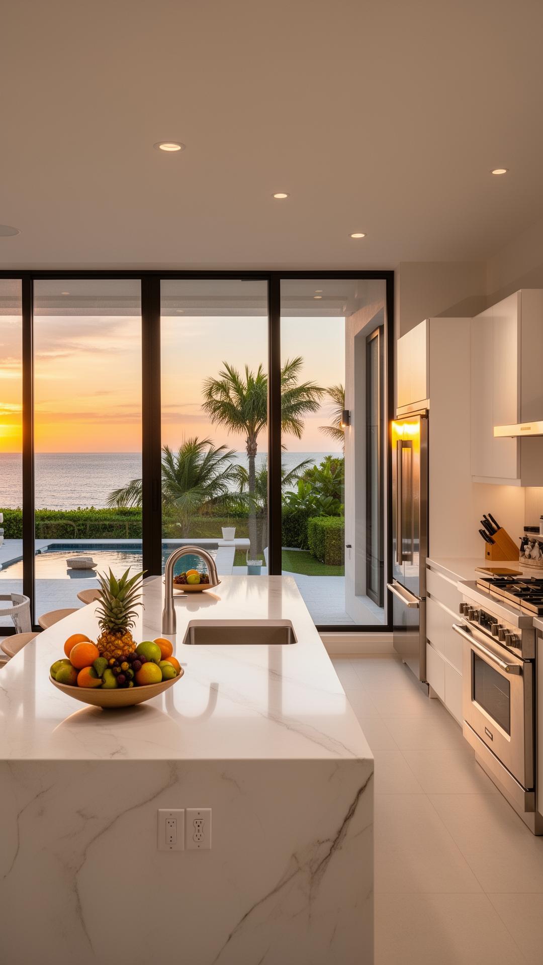 Modern gourmet kitchen with view of backyard pool and tropical sunset