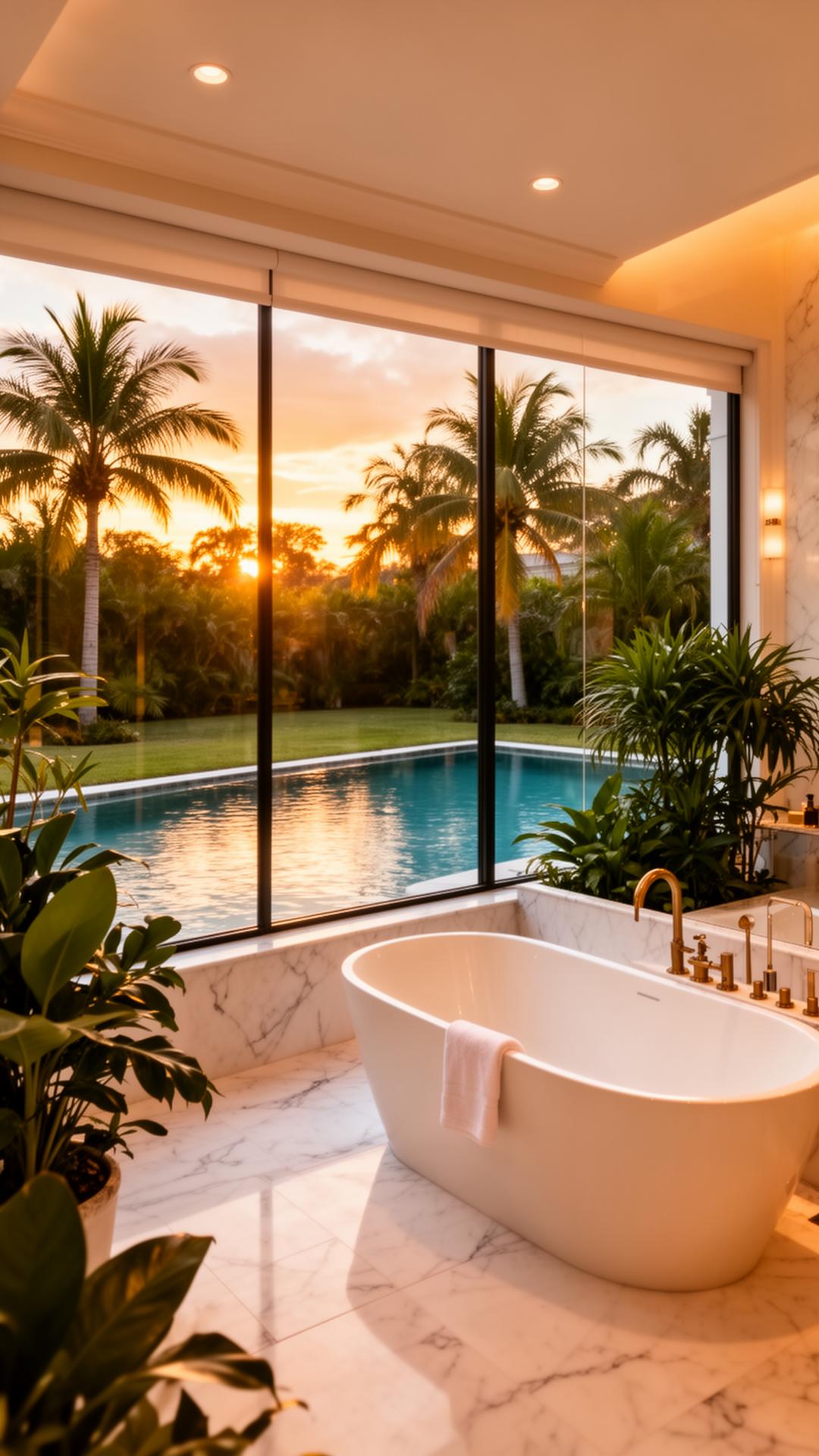 Spa bathroom overlooking tropical backyard pool at golden hour