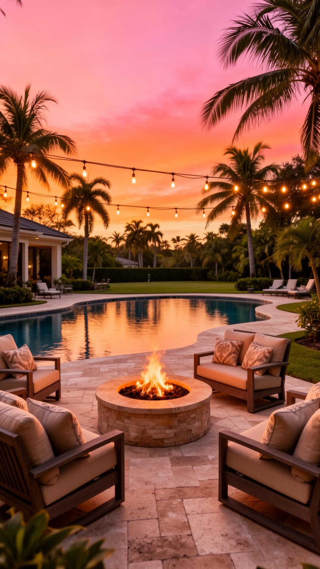 Outdoor patio lounge with pool, string lights, and tropical backyard sunset