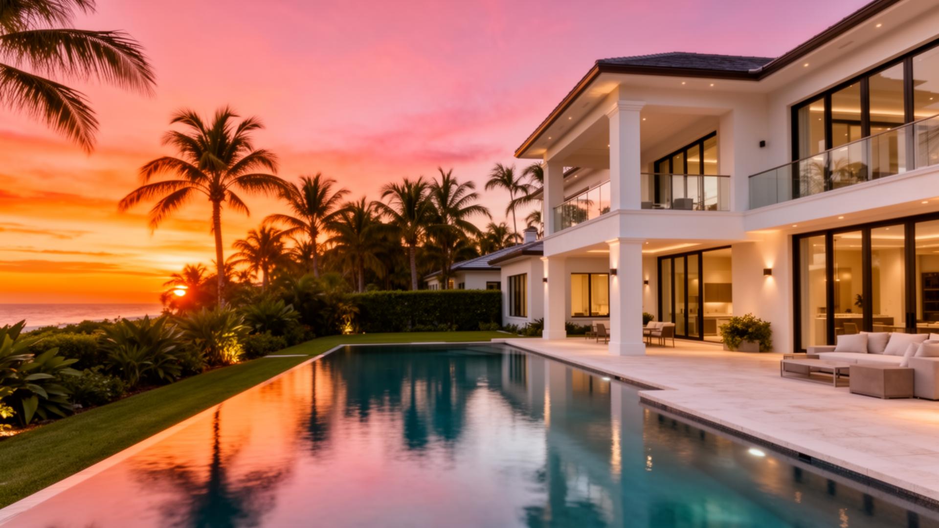 Luxurious Florida home exterior at sunset with infinity pool and tropical backyard